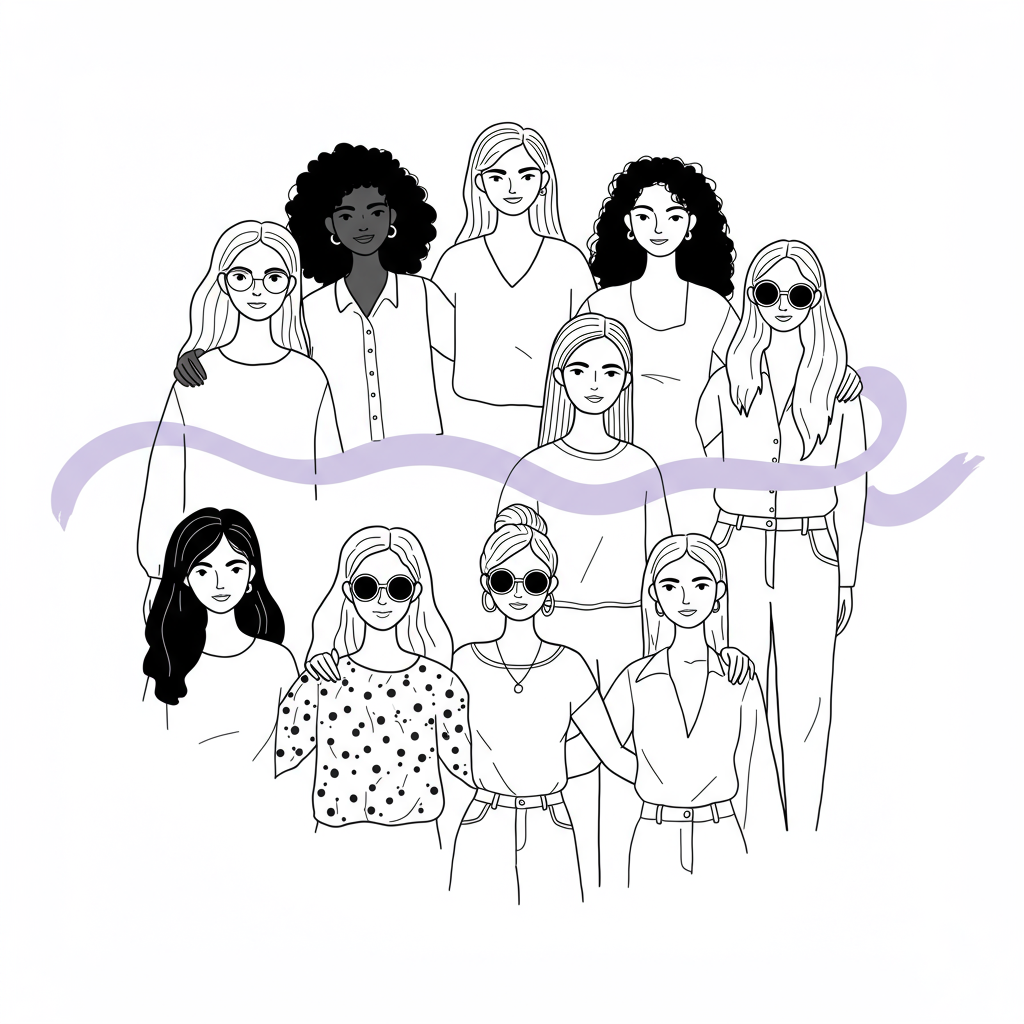 Chic line art: Diverse female entrepreneurs forming a supportive circle, pastel purple sash unites them | Femmeprenista