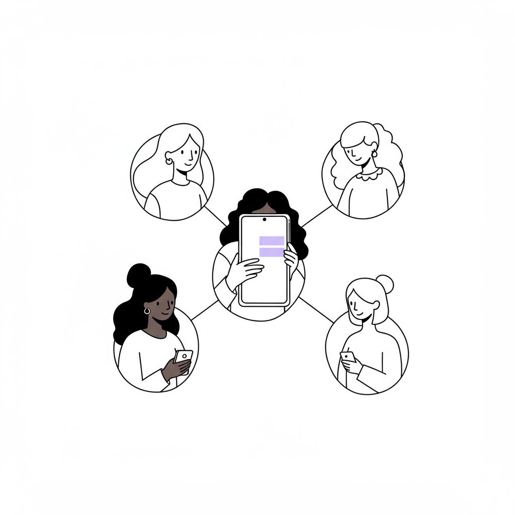 Networking for Female Entrepreneurs: Build Your Tribe & Thrive 2 Chic line art: Three diverse women entrepreneurs connected in a network, pastel purple accent on phone screen and line | Femmeprenista
