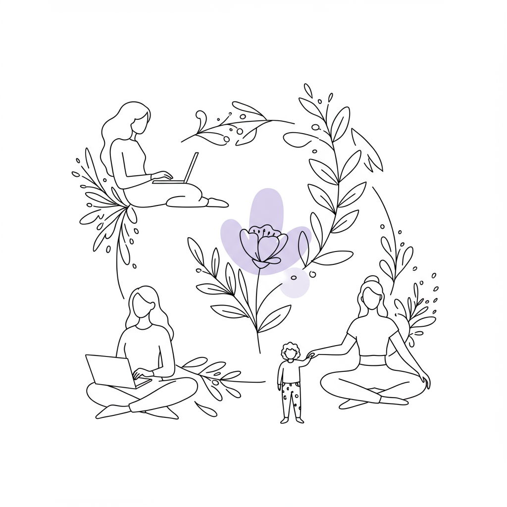 Networking for Female Entrepreneurs: Build Your Tribe & Thrive 3 Line art illustration: 3 women (business, motherhood, wellbeing) form a circle of support with floral center; pastel purple flower accent | Femmeprenista