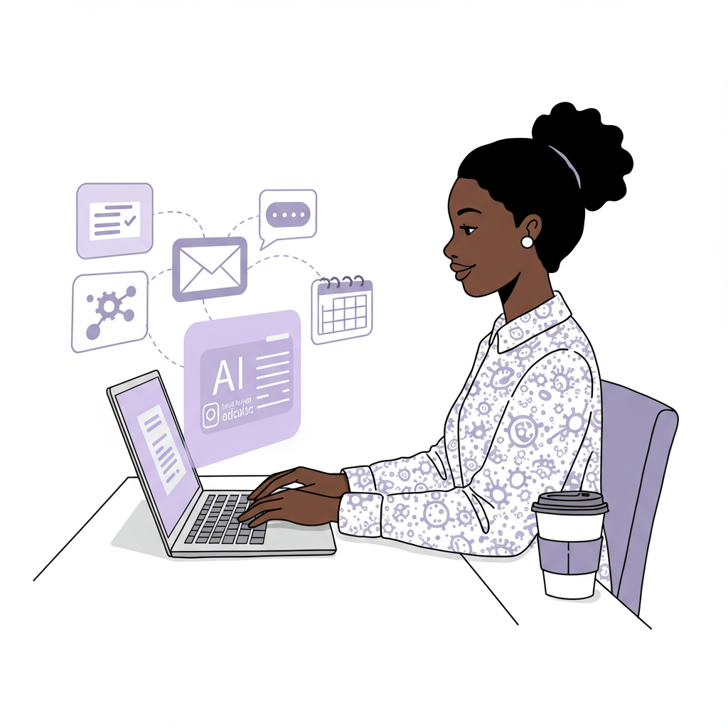 AI for Mums in Business: Reclaim Your Weekends & Thrive 3 Chic line art: Black mother enjoying AI-powered productivity gains, pastel purple laptop screen highlights time saved | Femmeprenista