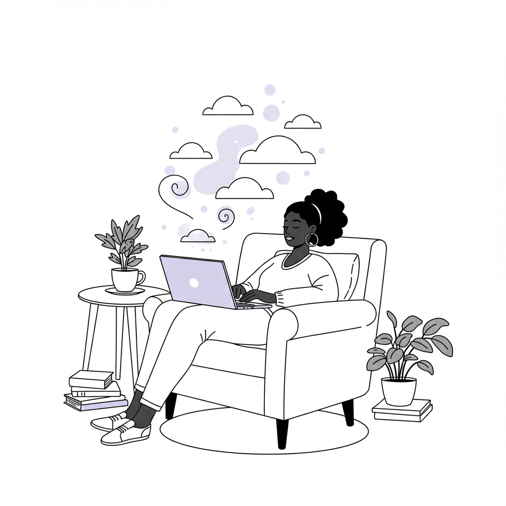 AI for Mums in Business: Reclaim Your Weekends & Thrive 2 Black and white line art: Black woman entrepreneur relaxing with laptop, pastel purple screen, AI automates tasks | Femmeprenista