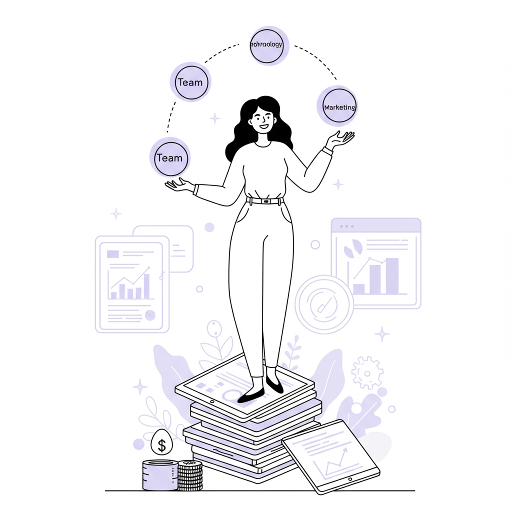 Cash Flow Strategies Femmeprenistas: Smart Growth Guide 3 Line art: Femmeprenista balancing on reports, juggling "Team", "Tech", "Marketing" balls (pastel purple highlights). Smart financial growth | Femmeprenista