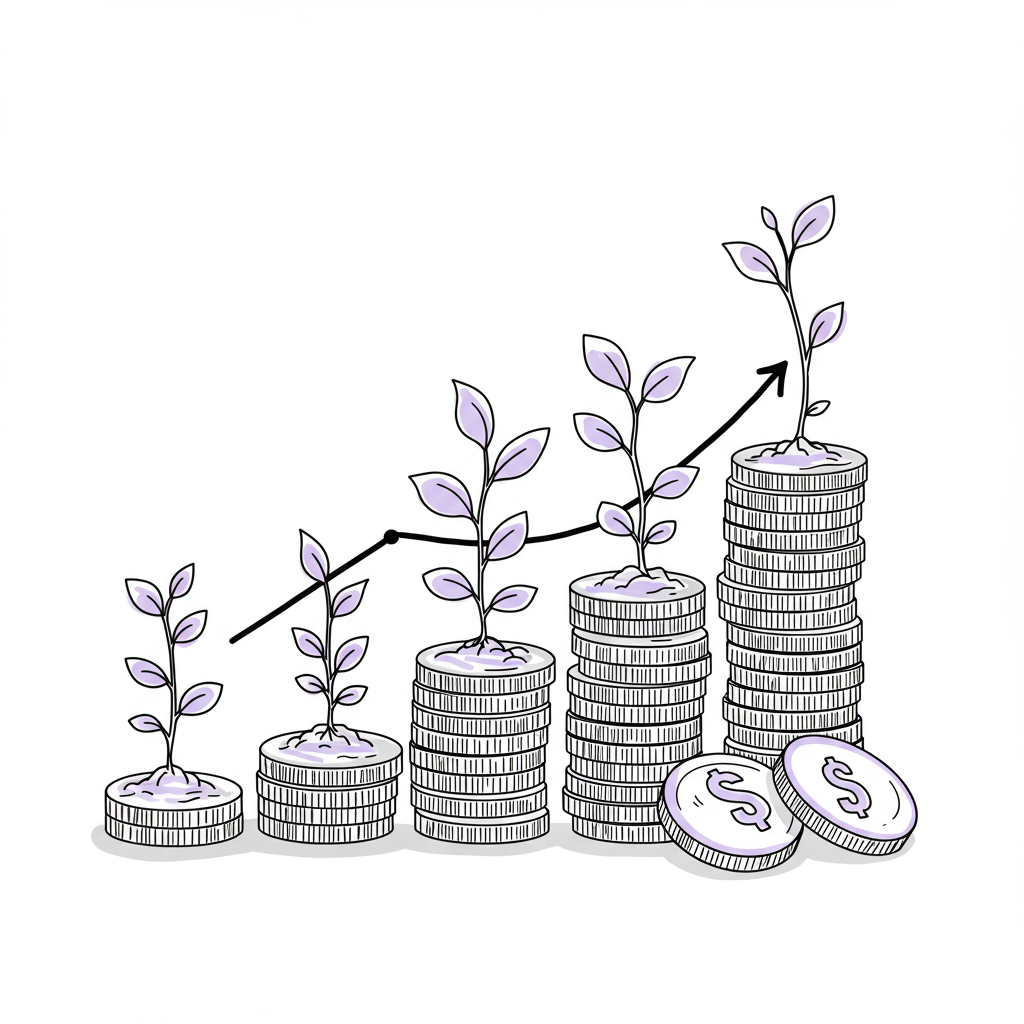 Cash Flow Strategies Femmeprenistas: Smart Growth Guide 2 Chic line art: Coins and sprouts forming an upward graph, pastel purple highlights smart financial growth | Femmeprenista