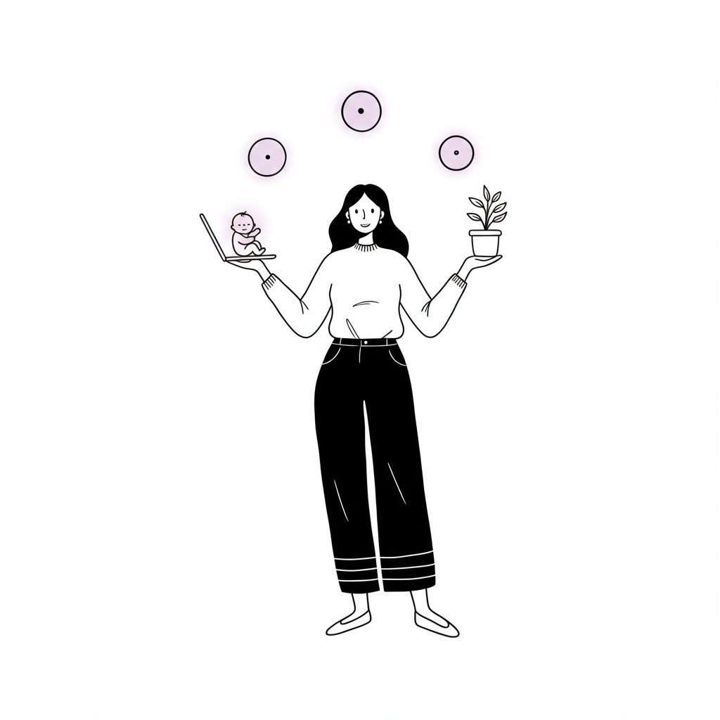 Motherhood and Entrepreneurship: Juggling Chaos & Building Dreams 2 Line art: Woman juggling baby, laptop, plant; motherhood and entrepreneurship, pastel purple laptop glow | Femmeprenista