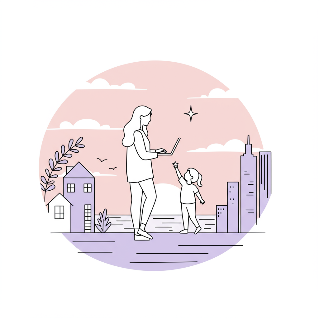 Motherhood and Entrepreneurship: Juggling Chaos & Building Dreams 3 Chic line art: Mompreneur silhouetted with child reaching for a pastel purple star, balancing home and business | Femmeprenista