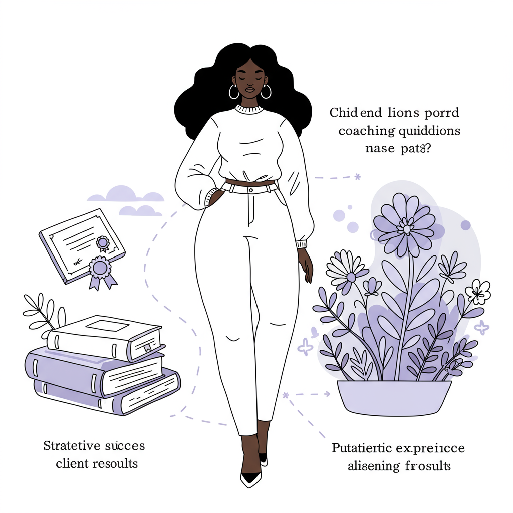 Coaching Qualifications for Women: Do You REALLY Need Them? 2 Line art: Black woman entrepreneur at a crossroads: Coaching qualifications (books) or practical experience (garden), pastel purple flower | Femmeprenista