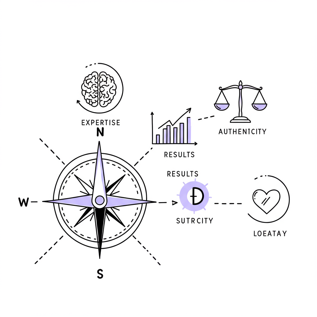 Coaching Qualifications for Women: Do You REALLY Need Them? 3 Line art compass pointing to 'Expertise, Results, Ethics, Authenticity'; pastel purple needle. Modern graphic for strategic decisions | Femmeprenista
