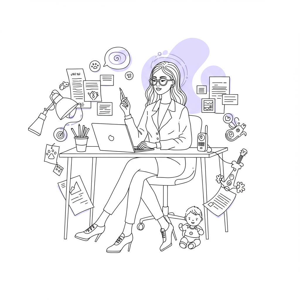 Chic line art: Stylish mumpreneur balancing work & family chaos; pastel purple swirl highlights resilience | Femmeprenista
