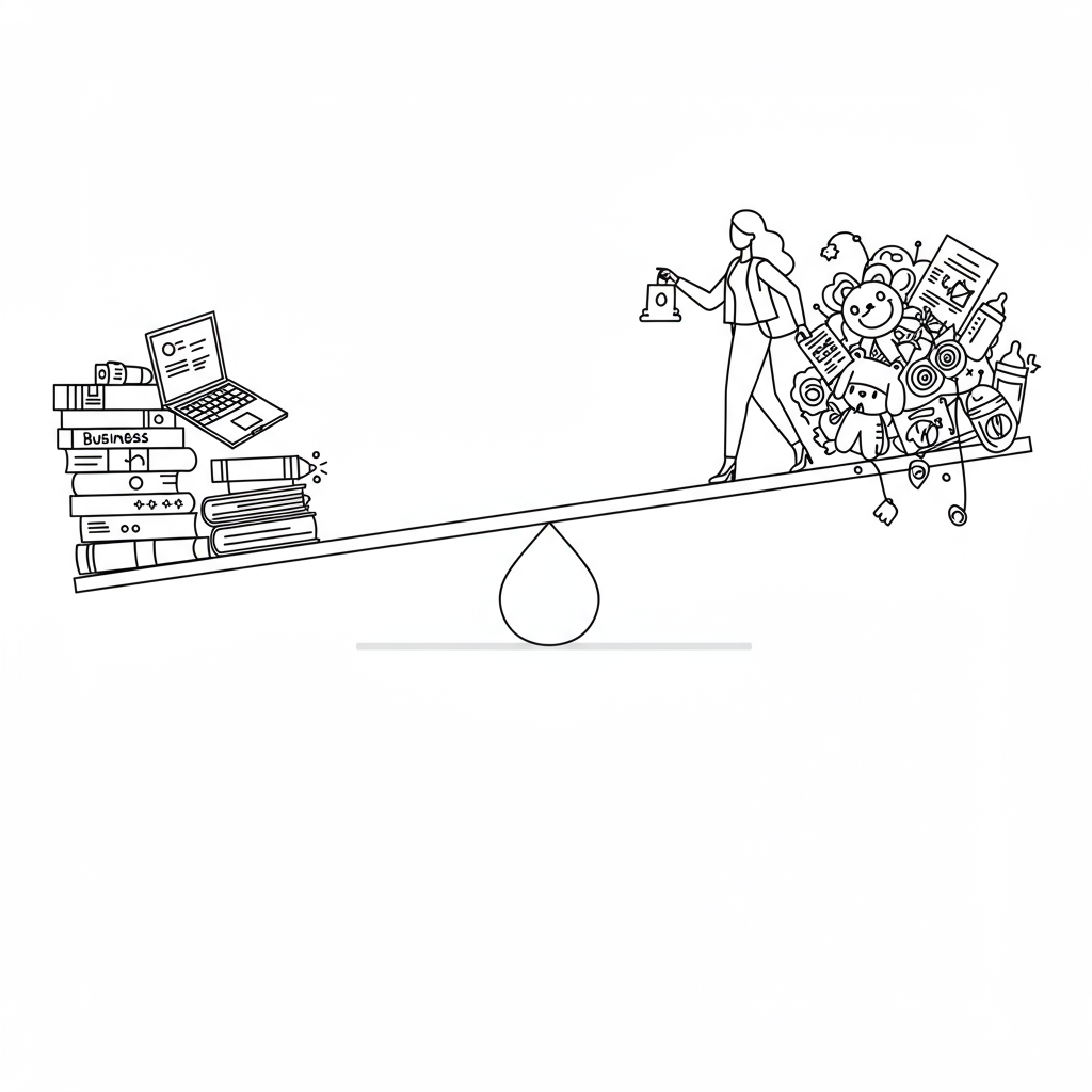 Line art: Mumpreneur balancing "Business" & "Puppy Chaos" on a seesaw; pastel purple accent on her hand | Femmeprenista