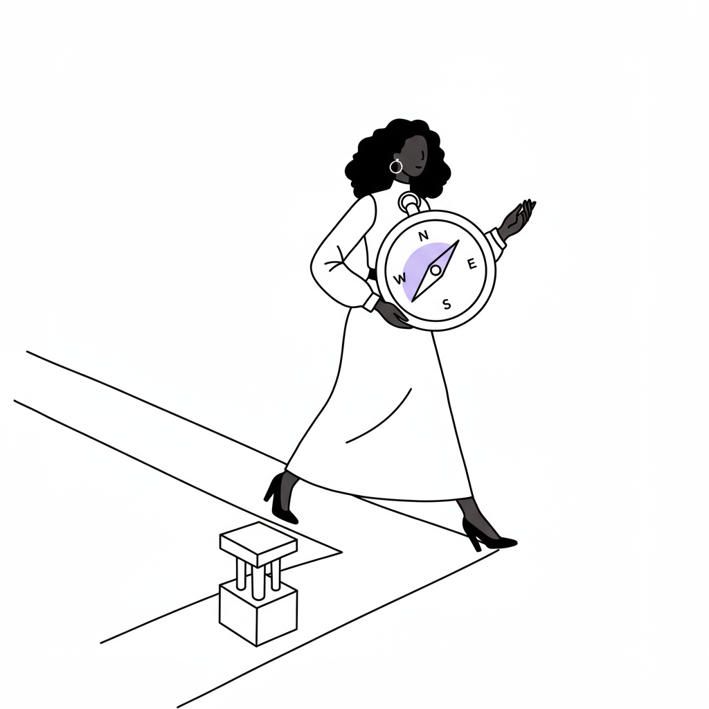 Marketing for New Coaches: Authentic Client Attraction Playbook 2 Modern line art: Black woman entrepreneur confidently steps forward on a marketing foundation, guided by a pastel purple compass | Femmeprenista
