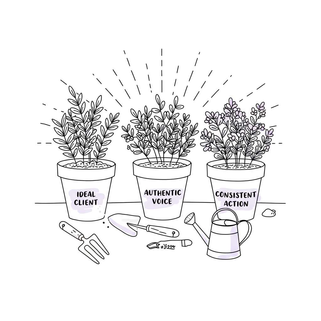 Marketing for New Coaches: Authentic Client Attraction Playbook 3 Line art herb garden symbolizing marketing for new coaches: "Authentic Voice" pot highlighted in pastel purple | Femmeprenista