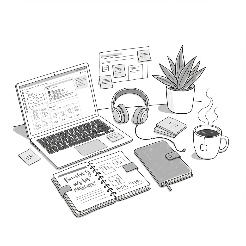 Modern chic line art of a balanced female entrepreneur's command center desk; pastel purple sticky note accents | Femmeprenista