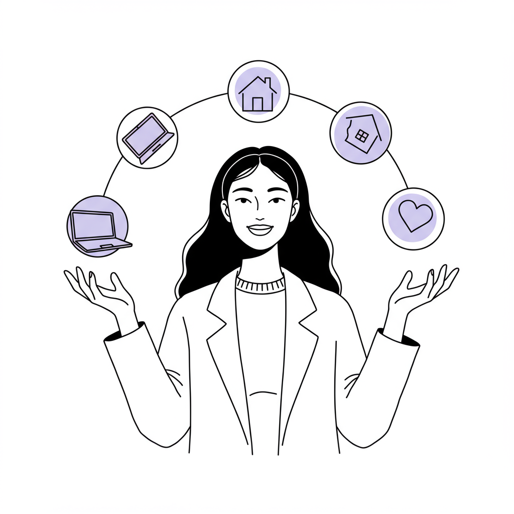 Line art: Female entrepreneur serenely juggling work, life, and family, pastel purple heart detail symbolizes self-care | Femmeprenista