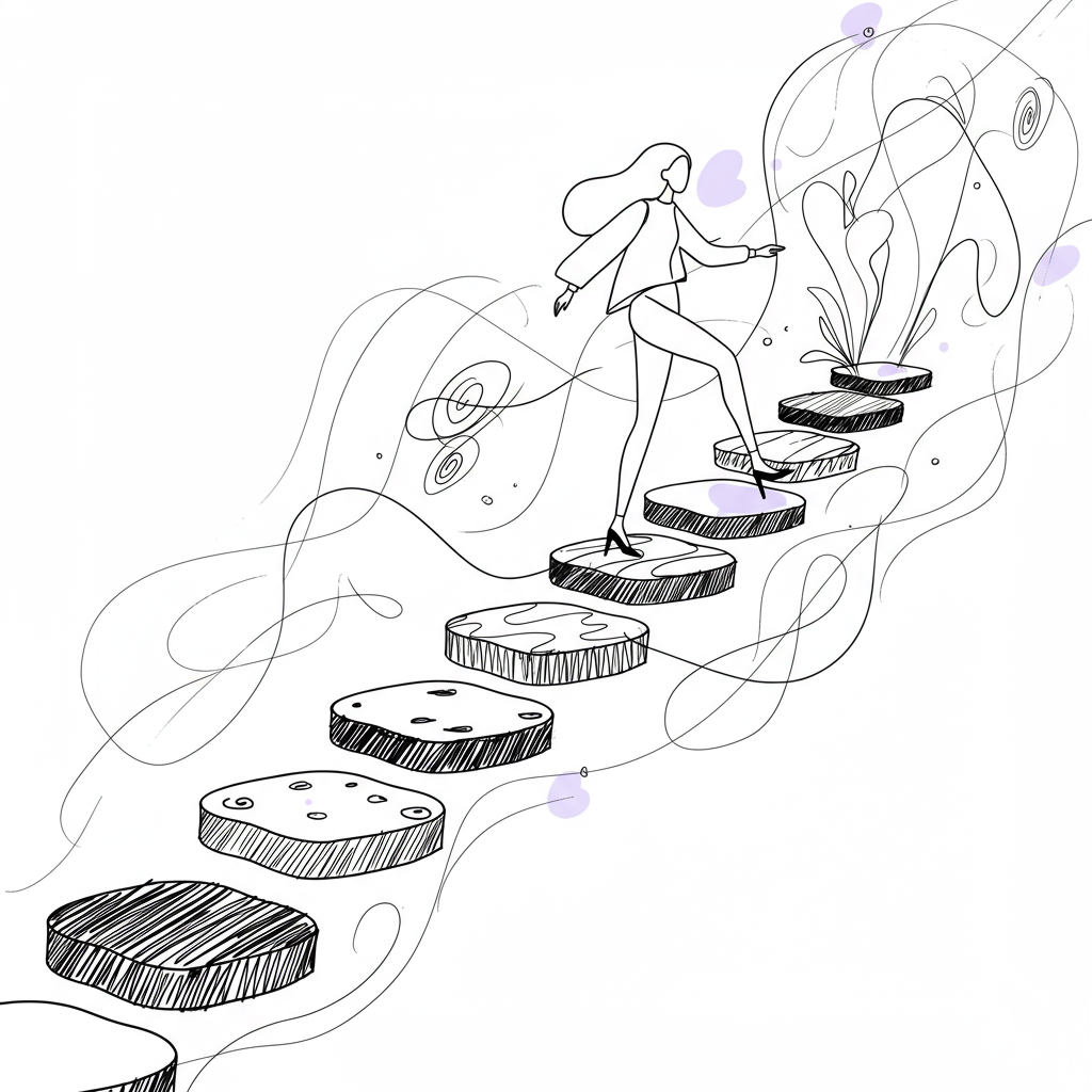 Femmeprenista: Embrace the Beautiful Chaos of Your Journey 3 Chic line art: Female entrepreneur stepping on pastel purple stepping stone in a beautifully chaotic journey | Femmeprenista