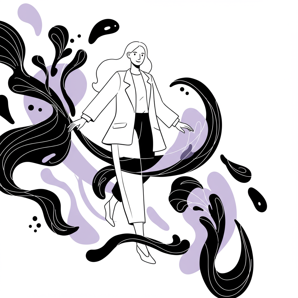 Femmeprenista: Embrace the Beautiful Chaos of Your Journey 2 Chic line art: Confident female entrepreneur gracefully navigates "beautiful chaos"; pastel purple highlight adds calm and focus | Femmeprenista