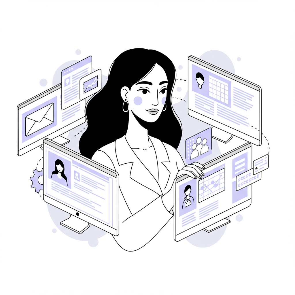 Line art: Chic woman entrepreneur managing client onboarding systems screens; pastel purple accent highlights client satisfaction | Femmeprenista