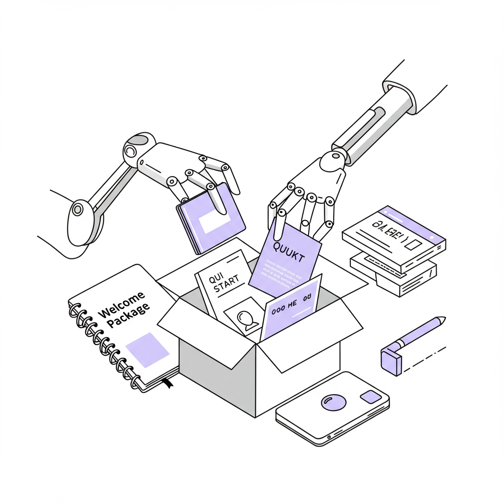 Modern line art: Robotic arms assembling a chic client welcome package, purple accent on personalized card | Femmeprenista