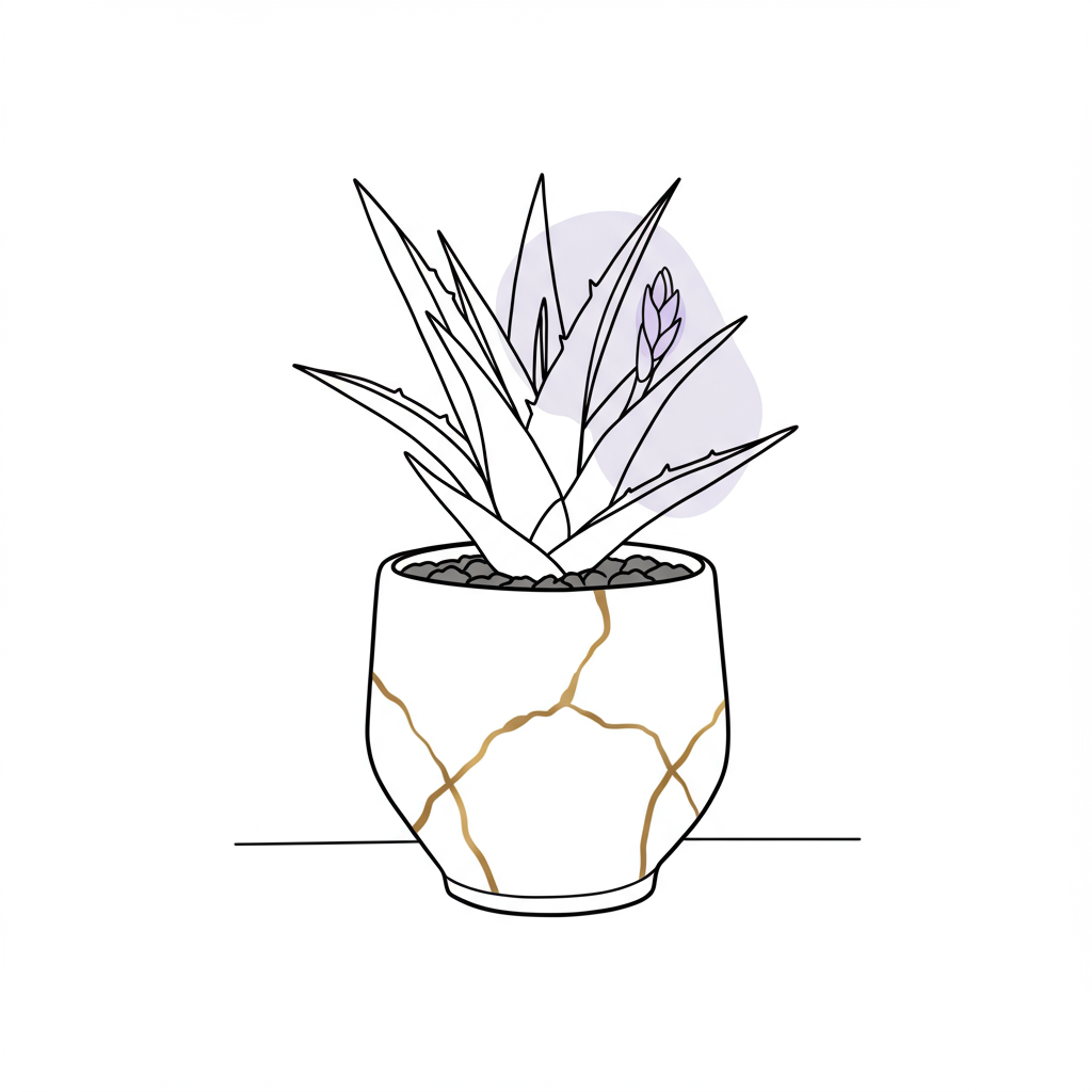 Chic line art: Resilient succulent in kintsugi pot symbolizes entrepreneurial resilience for women; pastel purple flower bud accent | Femmeprenista