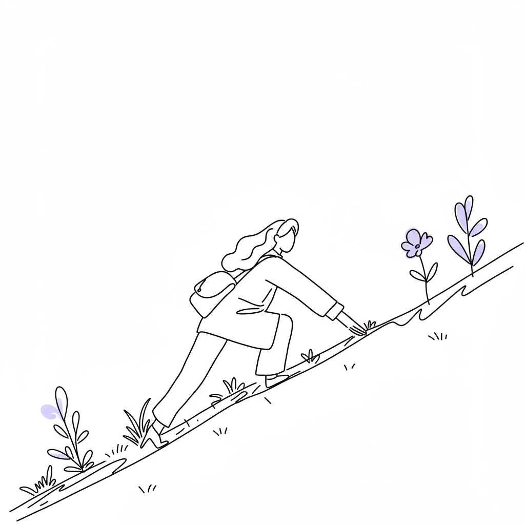 Chic line art: woman pushing up on entrepreneurial path, pastel purple flower symbolizes resilience | Femmeprenista