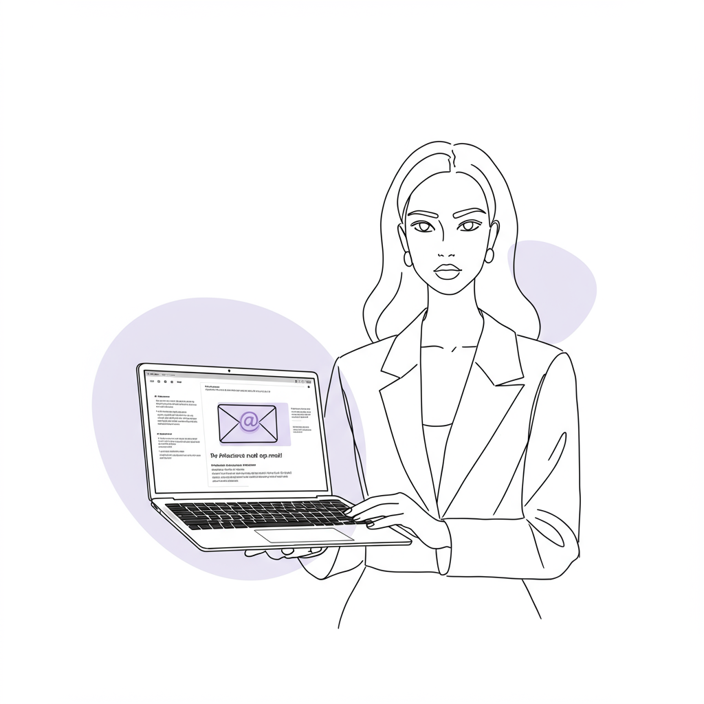 Modern line art: Confident female entrepreneur with laptop displaying professional email, pastel purple @ symbol highlight | Femmeprenista
