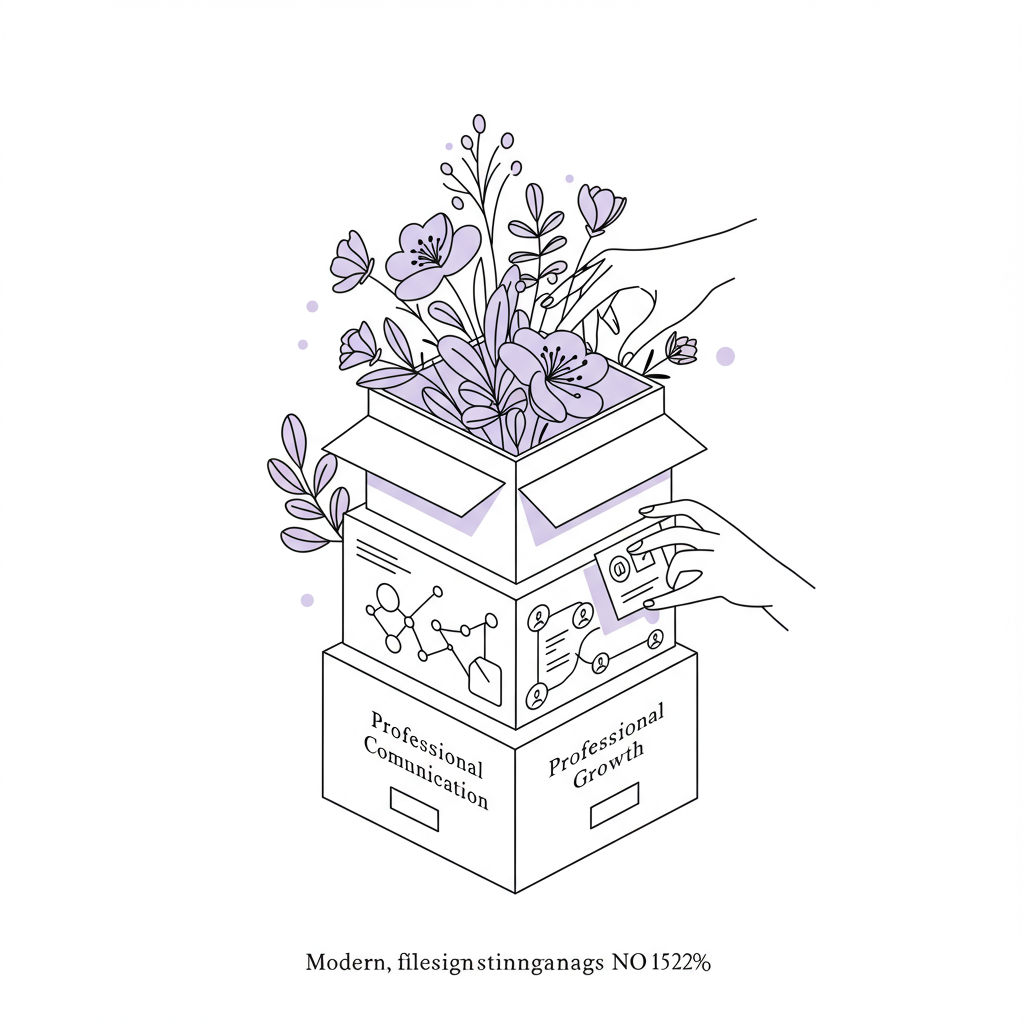 Chic black and white line art: layers of business success as stacked boxes, pastel purple flowers represent growth | Femmeprenista