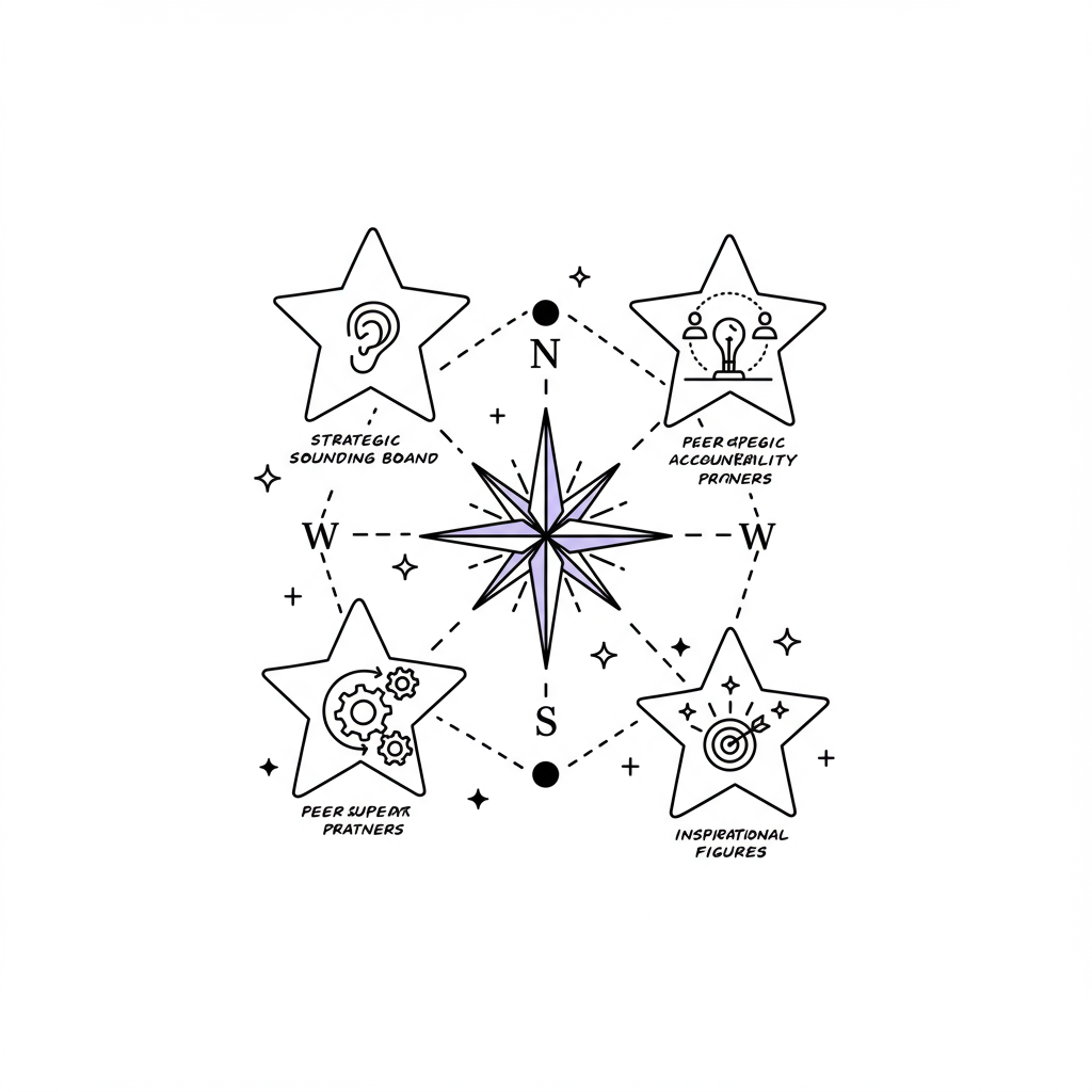 Chic line art: A mentoring constellation with pastel purple compass rose, symbolizing strategic guidance for female entrepreneurs | Femmeprenista