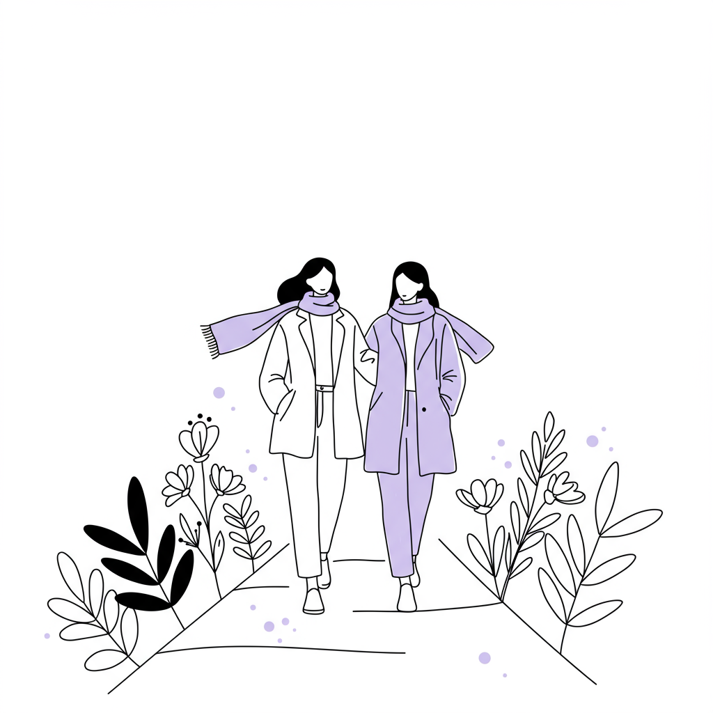 Line art: two women entrepreneurs walking together, one offering guidance; pastel purple accent on scarf | Femmeprenista