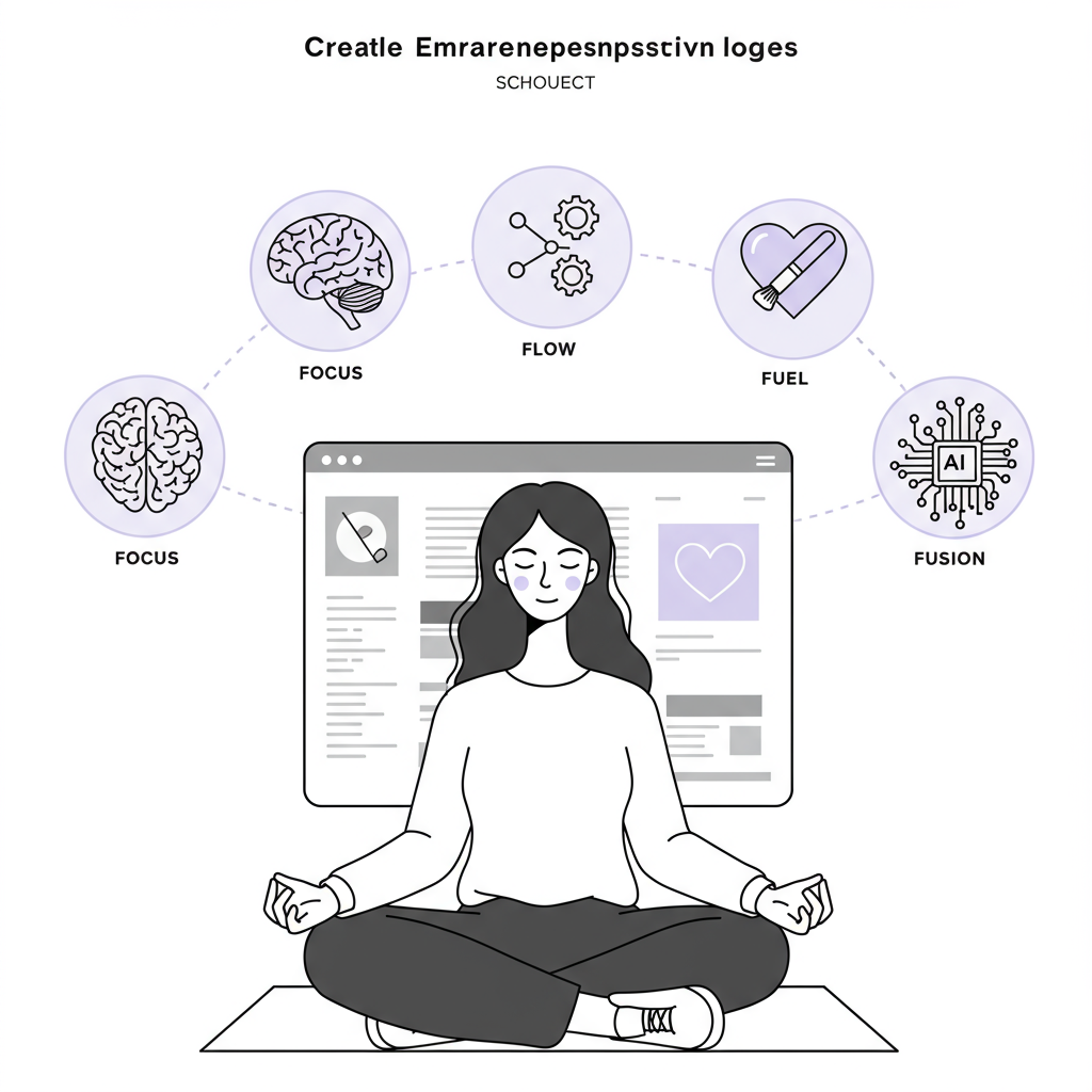 Business Flourish Framework™ Femmeprenista: Build a Thriving Business 3 Chic line art: Female entrepreneur meditating with digital icons representing the Business Flourish Framework, heart icon in pastel purple | Femmeprenista