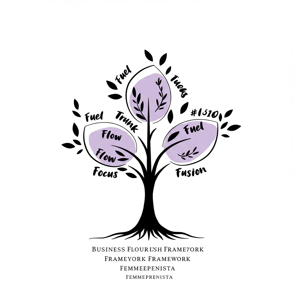 Business Flourish Framework™ Femmeprenista: Build a Thriving Business 2 Line art: Business Flourish Framework Femmeprenista - interconnected pillars forming a flourishing tree, pastel purple "Fuel" leaves | Femmeprenista