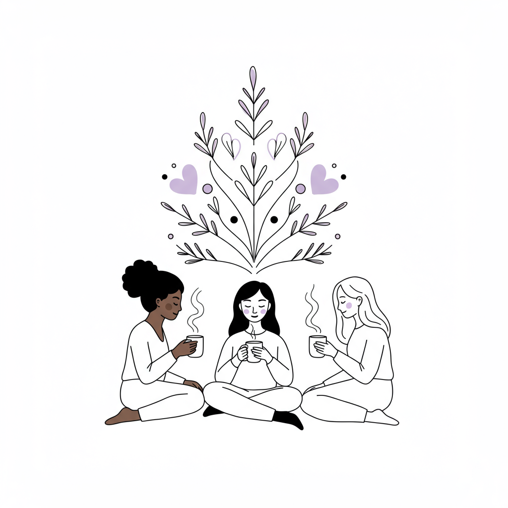 Networking for Entrepreneurial Mums: Build Your Tribe 2 Line art of three diverse women entrepreneurs in a supportive circle with coffee; pastel purple steam detail | Femmeprenista