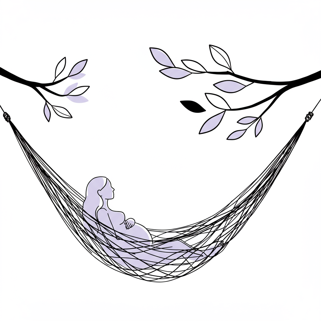 Networking for Entrepreneurial Mums: Build Your Tribe 3 Modern line art: a stylized supportive hammock holding a pregnant silhouette, pastel purple leaf accent | Femmeprenista
