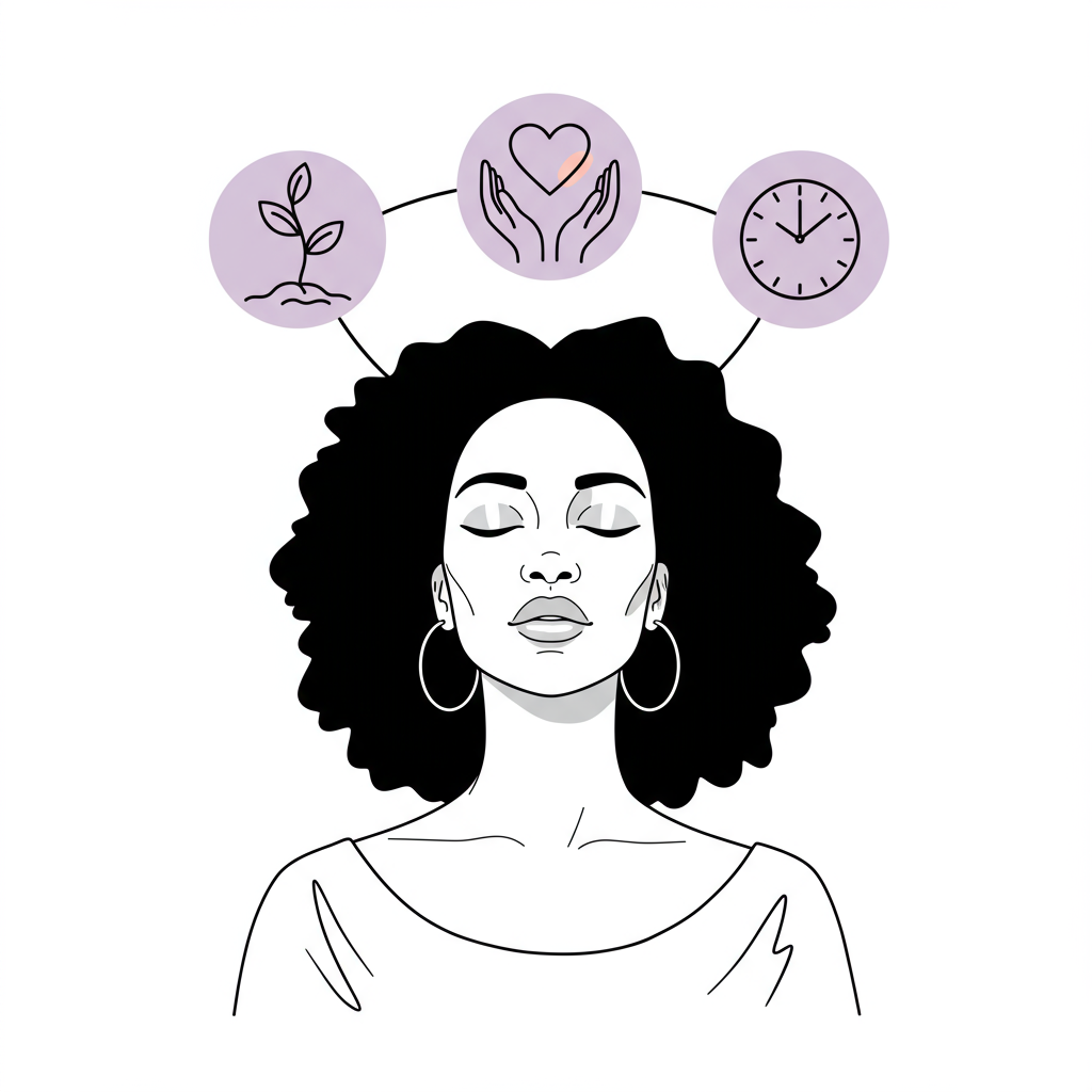 Motherhood and Entrepreneurship Juggle: Find Your Balance 3 Line art of Black woman CEO in serene focus, balanced icons above: growth, family, time. Pastel purple seedling accent | Femmeprenista