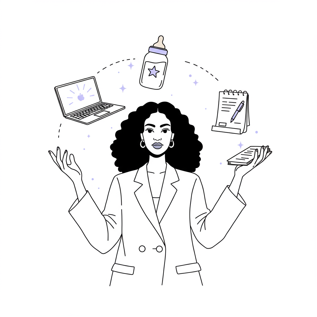 Motherhood and Entrepreneurship Juggle: Find Your Balance 2 Line art of a Black woman elegantly juggling laptop, baby bottle (purple star), and notepad, embodying balance | Femmeprenista