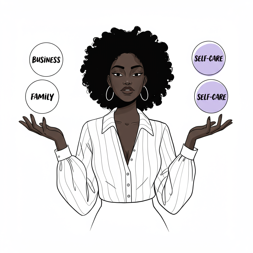 Focus for Female Entrepreneurs: Conquer Chaos & Find Flow 2 Black female founder gracefully juggling business, family, and self-care orbs (pastel purple self-care orb) in chic line art | Femmeprenista