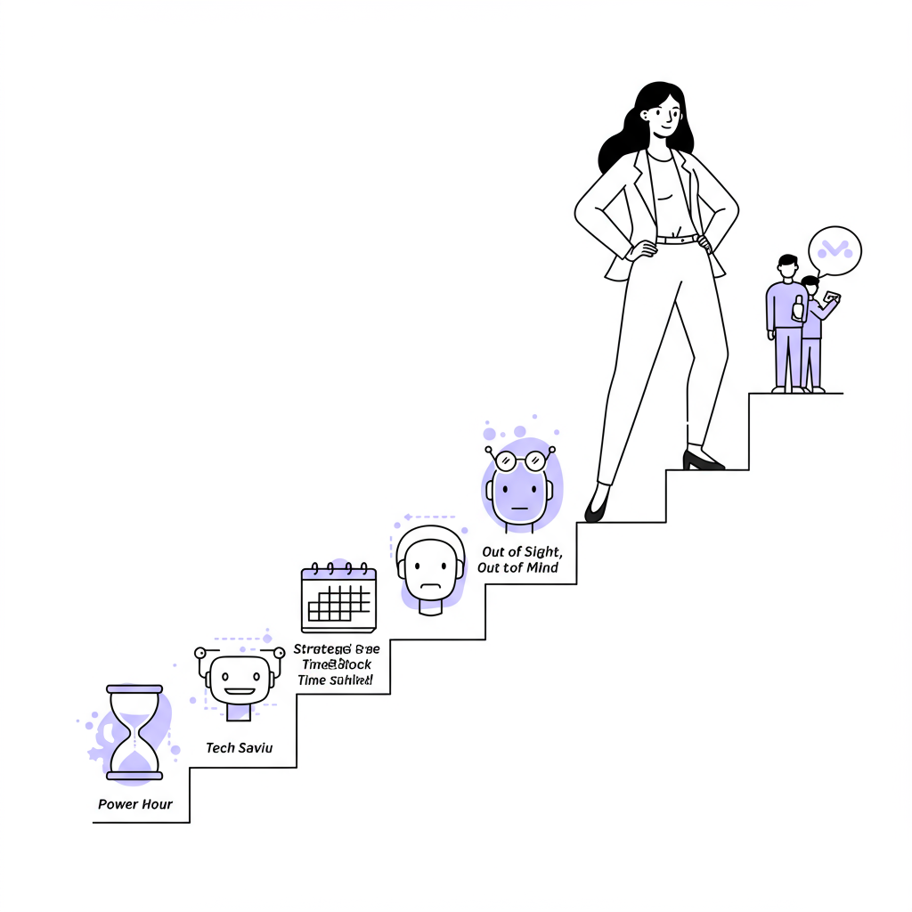 Focus for Female Entrepreneurs: Conquer Chaos & Find Flow 3 Line art: Chic female entrepreneur at the base of success stairs, icons of strategies on each step, pastel purple handshake highlights community | Femmeprenista