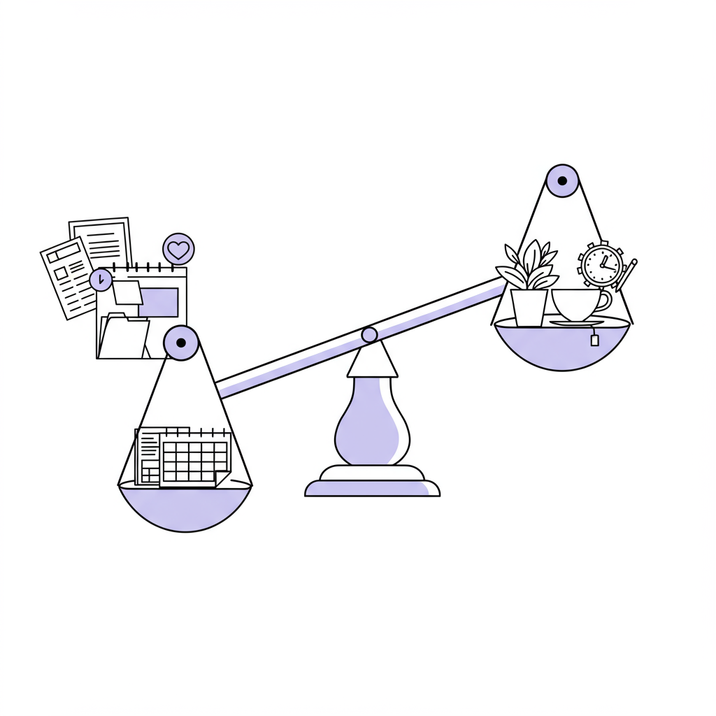 Balanced scales in chic black and white line art, AI highlighted with pastel purple, symbolizing time reclaimed | Femmeprenista