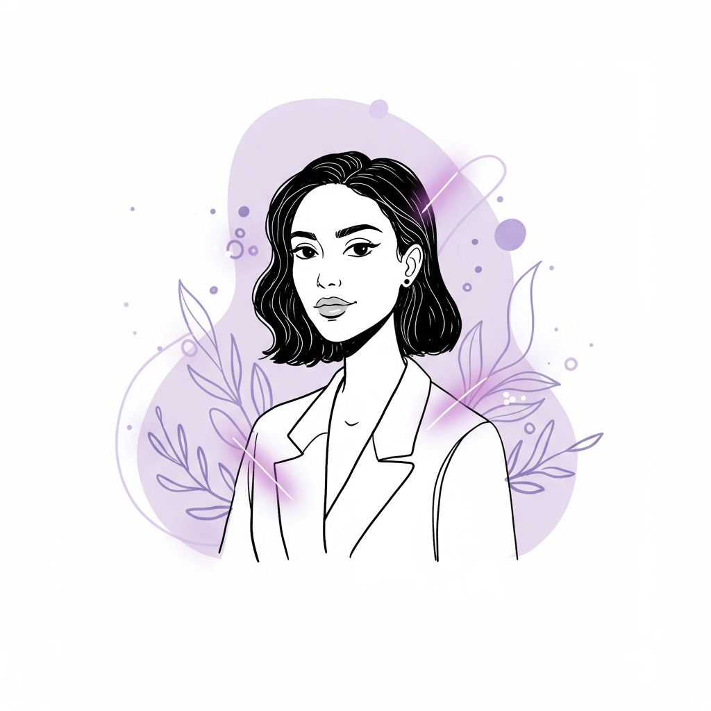 Modern line art: Empowered femmeprenista surrounded by softly glowing pastel purple AI lines; black and white chic illustration | Femmeprenista