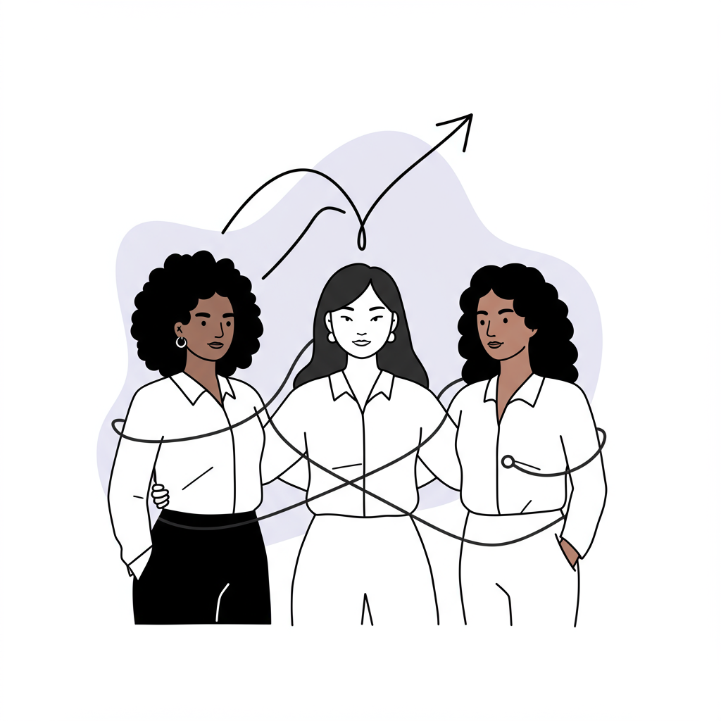 Modern line art: Diverse female leaders connected on LinkedIn, forming an upward arrow in pastel purple | Femmeprenista