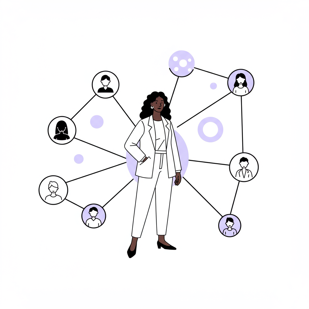 Chic line art: Black or Asian female leader at the center of strategic LinkedIn collaborations; pastel purple highlight | Femmeprenista