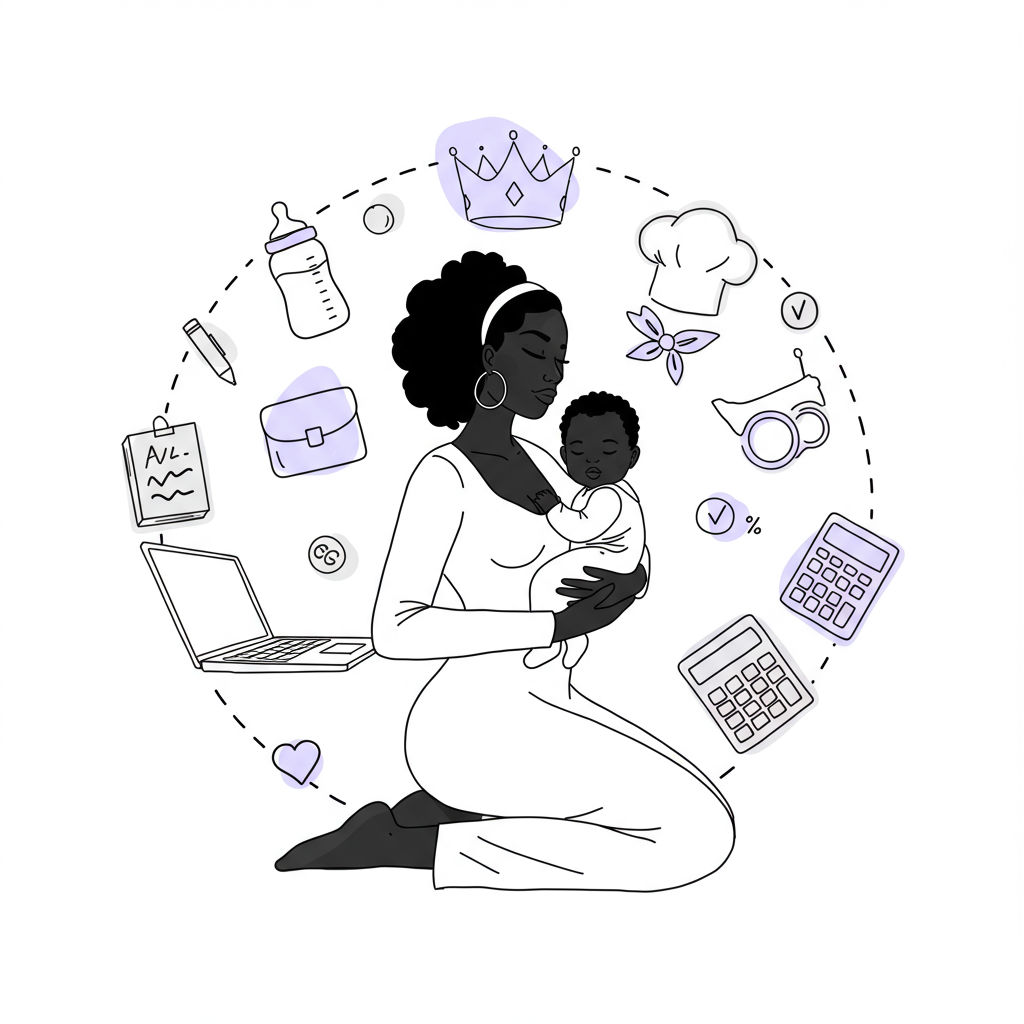 Chic line art: Black woman CEO balancing baby and laptop, pastel purple crown, orbiting icons of her multifaceted life | Femmeprenista