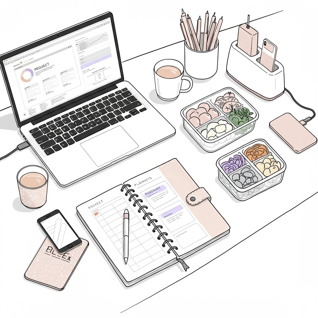 Chic line art of an organized family command center: laptop, planner, meal prep, and stylus with pastel purple accent | Femmeprenista