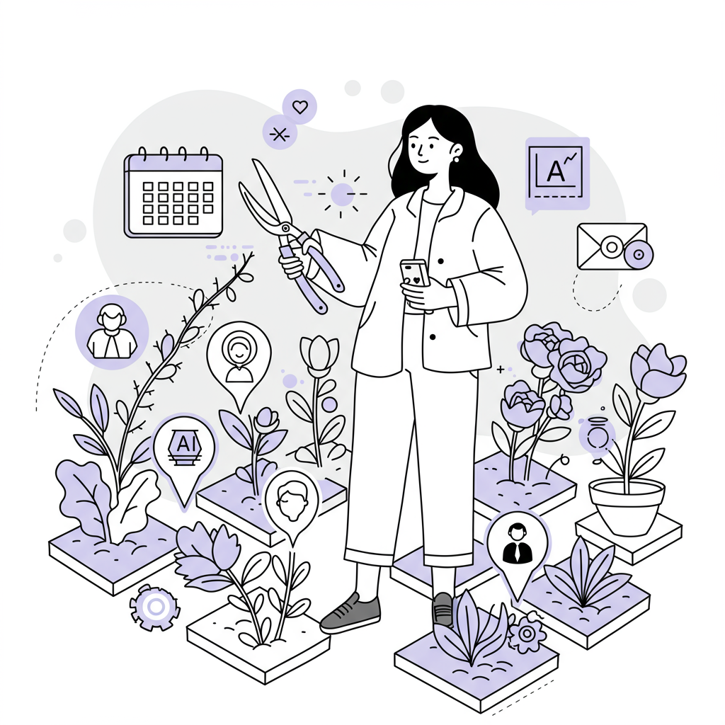 AI for Coaching Business: Reclaim Time & Grow | Femmeprenista 3 Line art: Asian coach trims admin thorns, revealing AI-powered bloom; black, white, pastel purple flowers | Femmeprenista