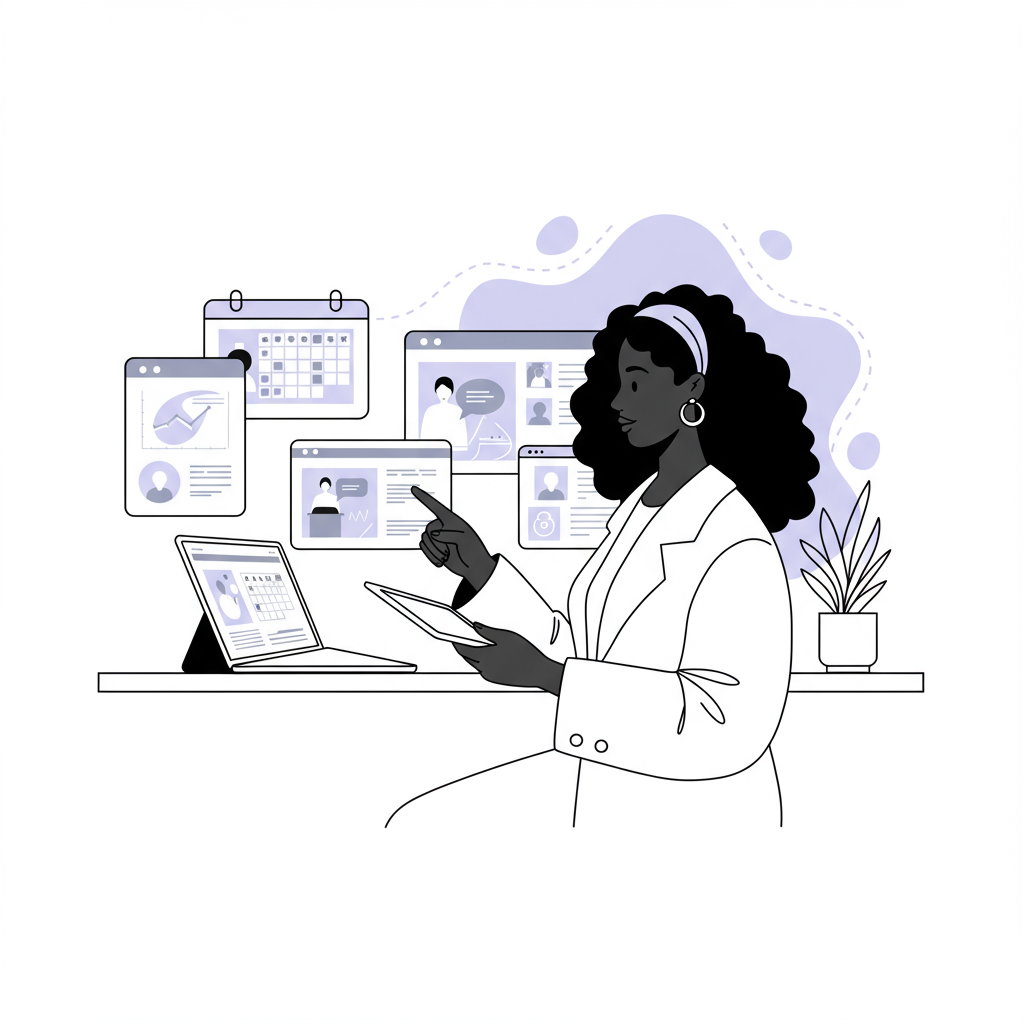 AI for Coaching Business: Reclaim Time & Grow | Femmeprenista 2 Line art: Black/Latina coach effortlessly using AI tools for time-saving, pastel purple swirl adds inspiration. Chic style | Femmeprenista