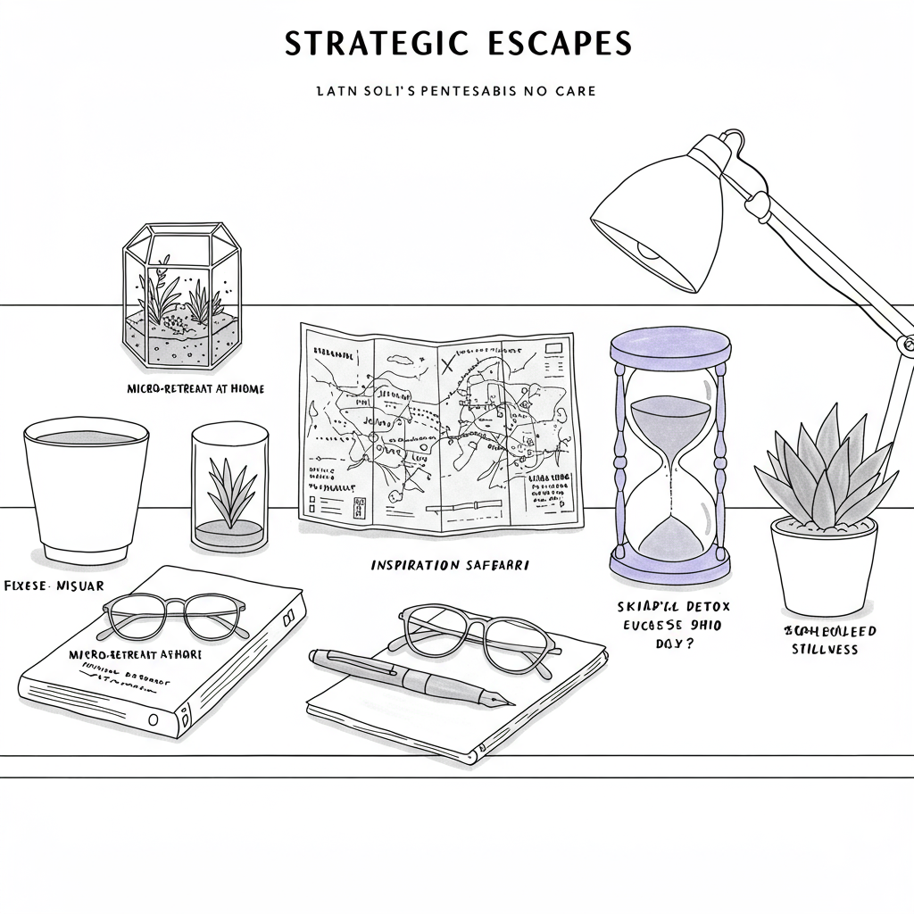Strategic Escapes for Entrepreneurs: 5 Ways to Conquer Burnout in 2025 3 Chic black and white line art: "strategic escapes for entrepreneurs" depicted on executive desk; hourglass with pastel purple sand | Femmeprenista