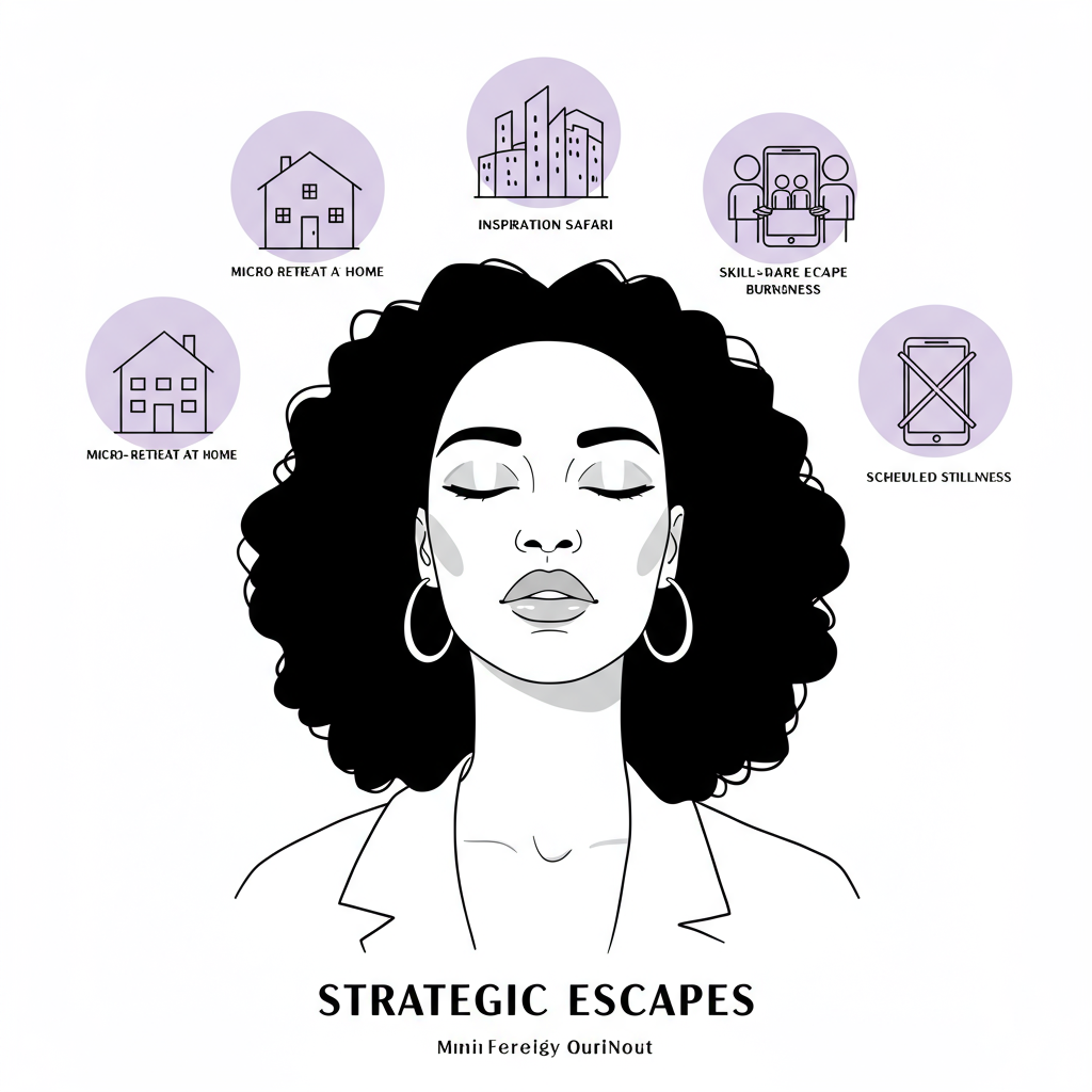 Strategic Escapes for Entrepreneurs: 5 Ways to Conquer Burnout in 2025 2 Black female entrepreneur's peaceful reflection surrounded by strategic escape icons; chic line art with pastel purple accent | Femmeprenista