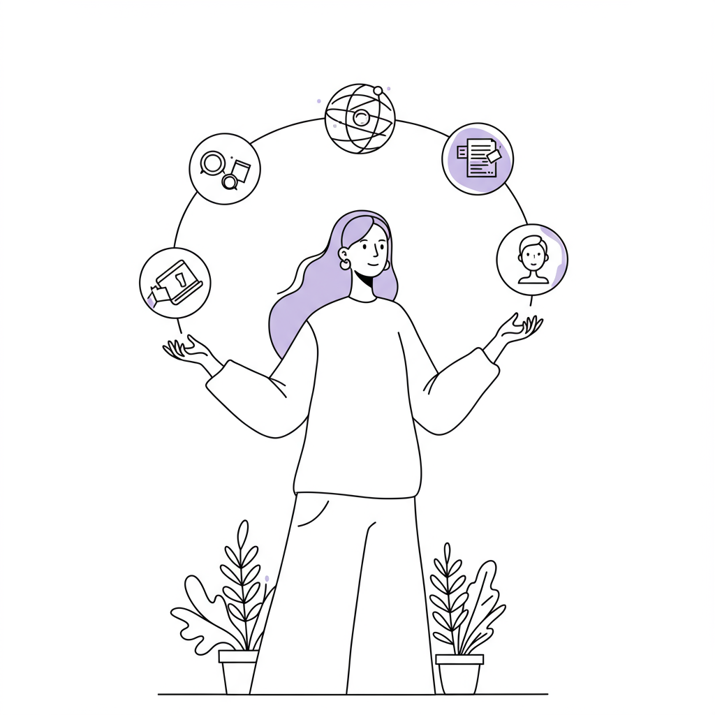 Resilience: Thriving in Entrepreneurship's Beautiful Chaos 2 Modern line art: female entrepreneur elegantly juggling life’s spheres, pastel purple resilience sphere | Femmeprenista