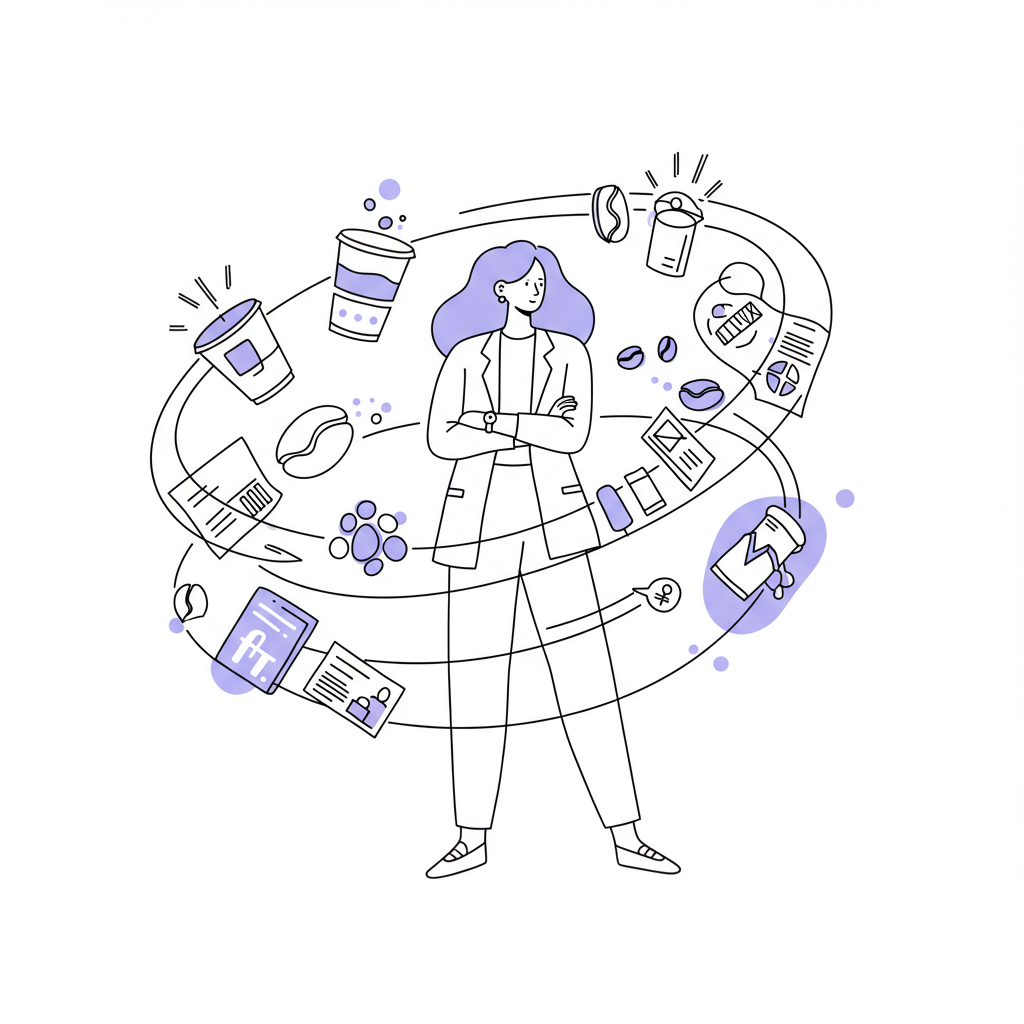 Resilience: Thriving in Entrepreneurship's Beautiful Chaos 3 Modern line art: Female entrepreneur stands strong amidst espresso bean chaos; pastel purple watch accents her time management | Femmeprenista