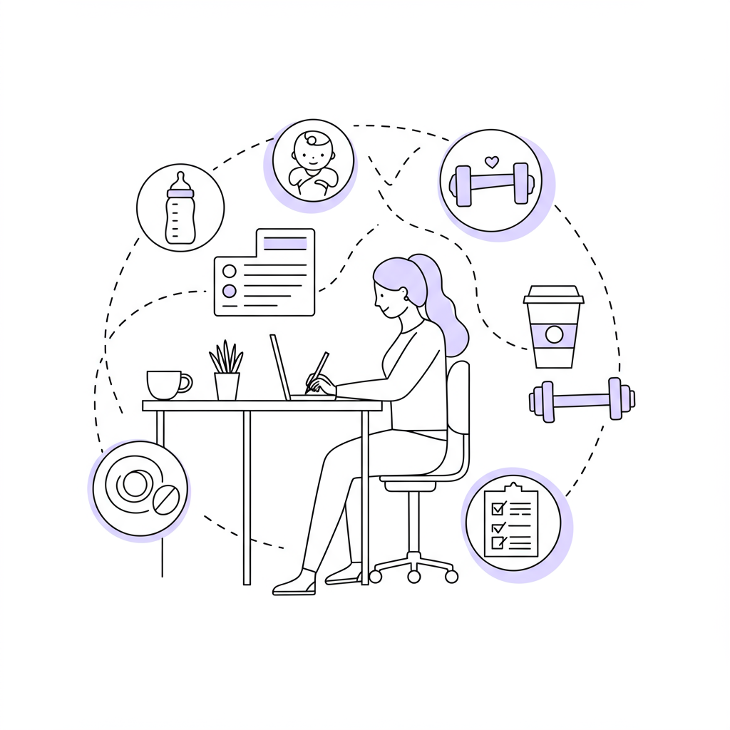 Navigating Caffeinated Chaos Coordination: A Femmeprenista Guide 3 Line art: Female entrepreneur surrounded by icons of work, family, fitness, and a pastel purple coffee cup, illustrating coordinated chaos | Femmeprenista