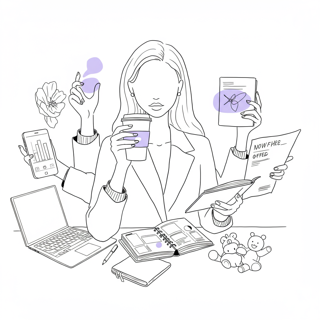 Navigating Caffeinated Chaos Coordination: A Femmeprenista Guide 2 Elegant line art: Female entrepreneur multitasking with coffee; laptop, baby toy, flower in background, pastel purple cup | Femmeprenista