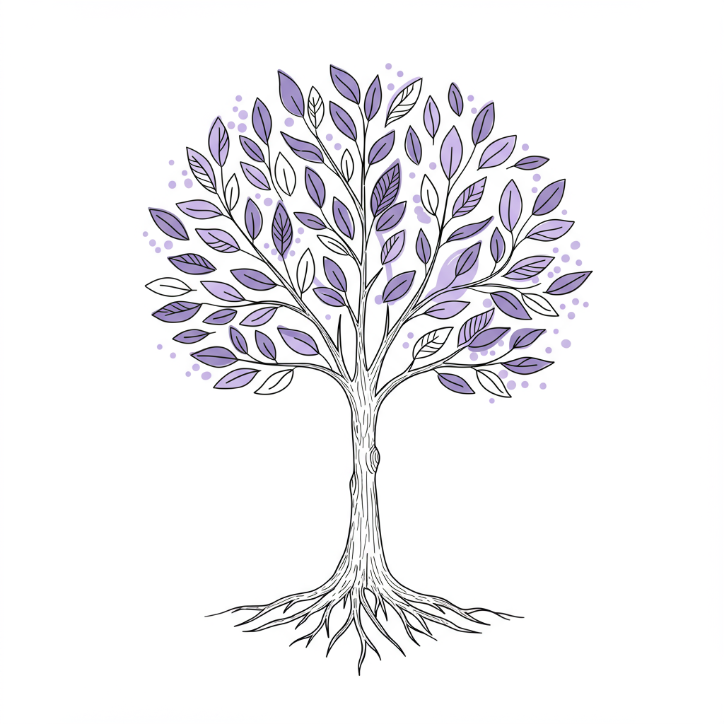 Chic line art: stylized tree representing community building for mums, pastel purple leaves symbolize collective growth | Femmeprenista